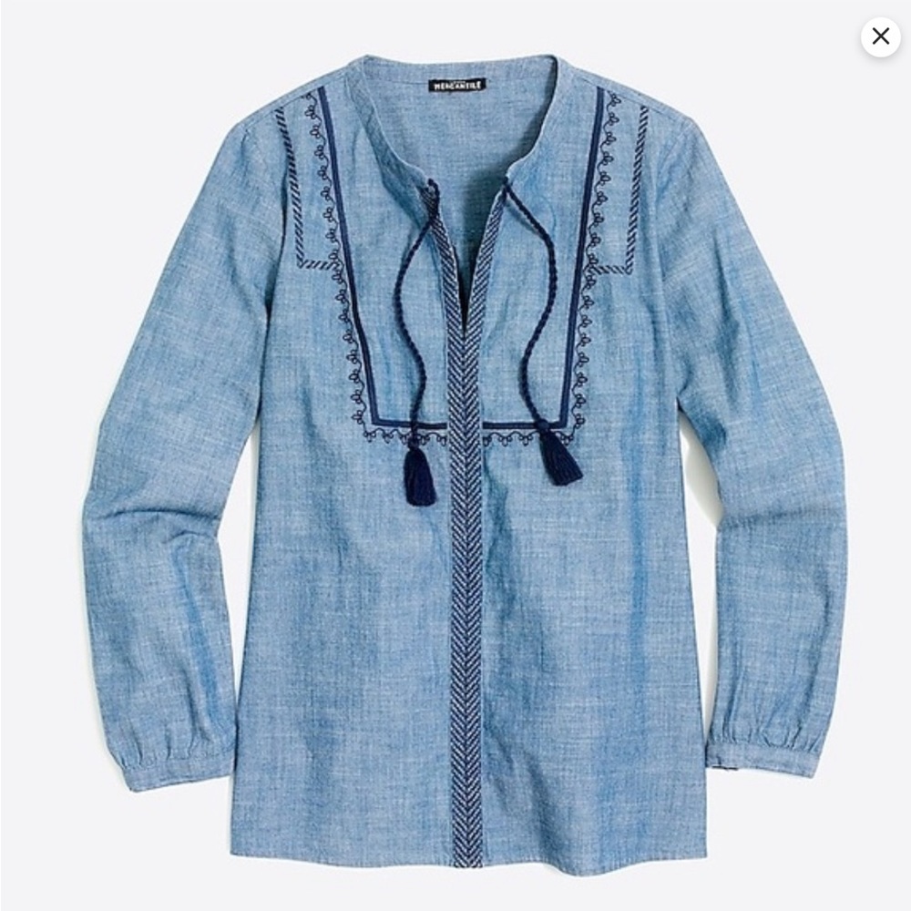 J. Crew Mercantile Embroidered Chambray Peasant Top Size M